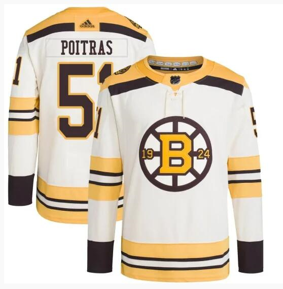 Men's Boston Bruins #51 Matthew Poitras Cream 100th Anniversary Stitched Jersey Men's Boston Bruins #51 Matthew Poitras Cream 100th Anniversary Stitched Jersey